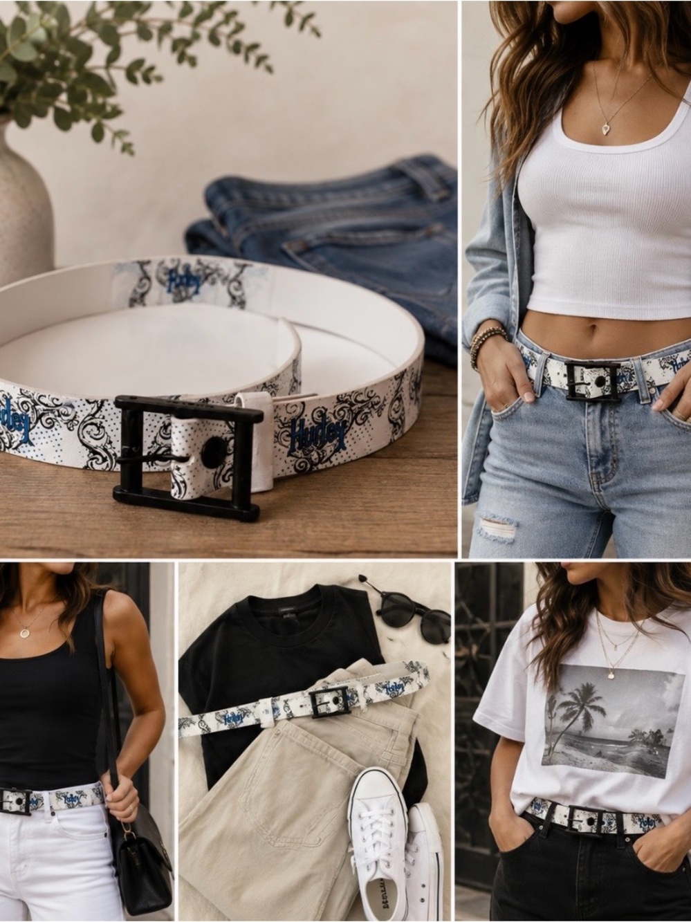 Hurley White Belt with Black Buckle and Blue Logo Detail